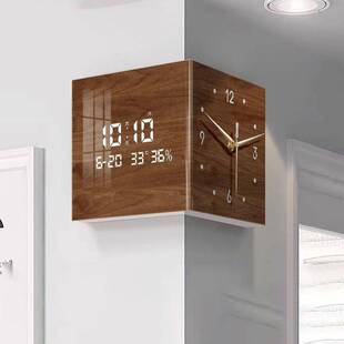 中古风客厅转角时钟万年历2025新款电子钟双面挂钟拐角壁灯钟表