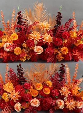 婚点庆红桔秋色花艺仿真花布置排花USY路引花背景舞台迎婚宾区礼