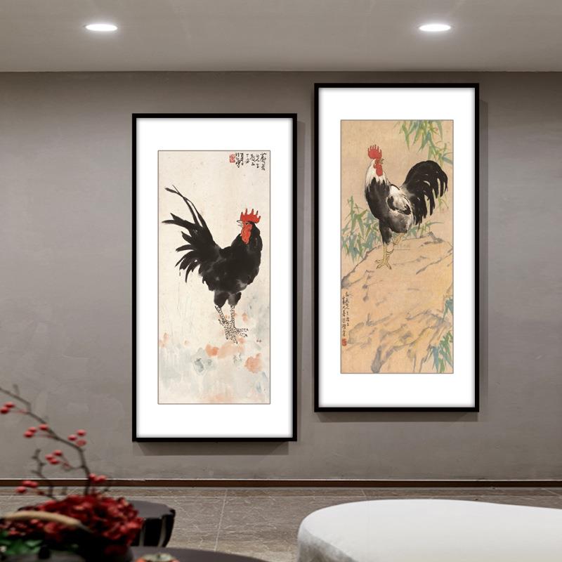 国徐悲鸿雄鸡图挂画中玄关装饰画竖S730版现代水墨客厅走廊过道壁