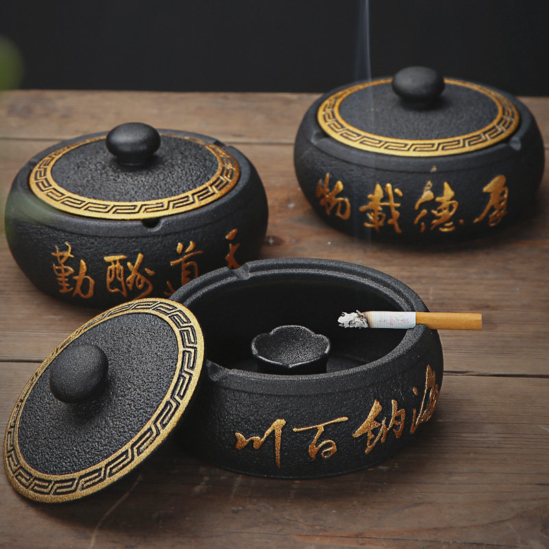 陶瓷中式轻奢防飞灰带盖烟灰缸