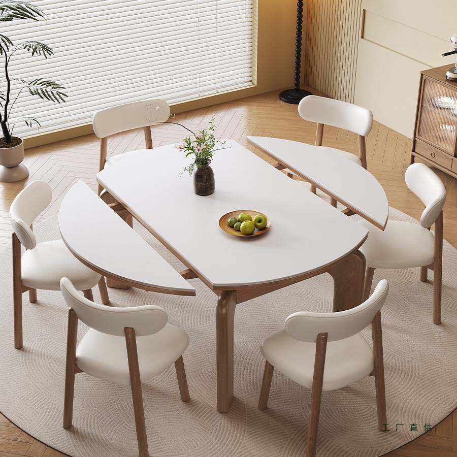 奶油风岩板餐桌椅组合小户型家用可伸缩实木长方形方桌可变圆桌