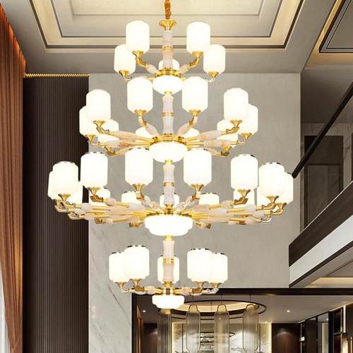 现代新中式全铜大吊别墅客厅复式灯楼中空65581楼大厅梯酒店中山