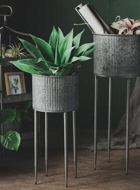 跨境家装居饰tp275物植绿植四脚双铁皮筒落耳地花架复古铁艺种花