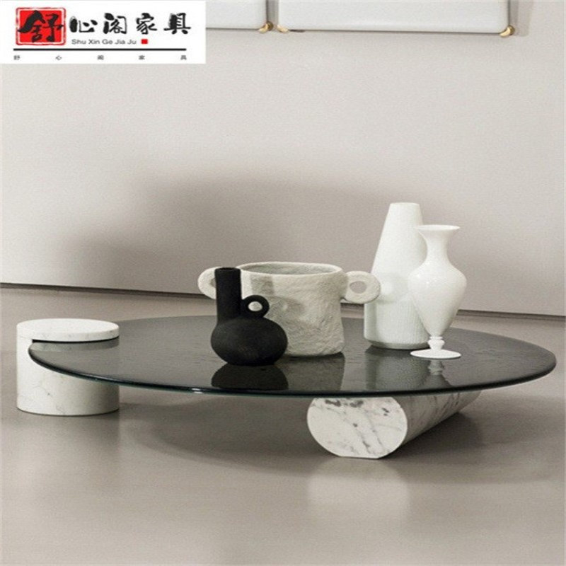 意式轻奢baxter复刻玻璃大理石圆茶几水波纹设计师高级感客厅茶几