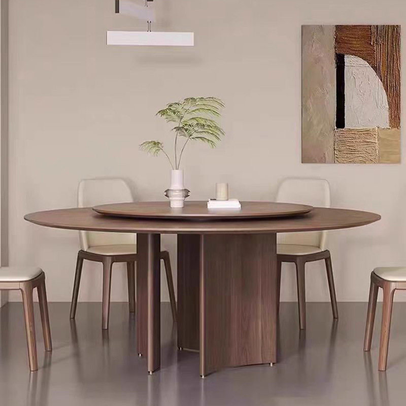 复古实木圆餐桌椅组合家用小户型带转盘圆形饭桌北美黑胡桃木圆桌