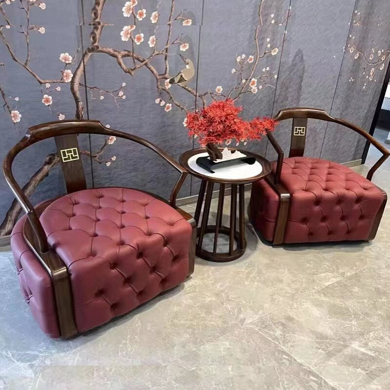 新中式休闲椅三件套客厅售楼处实木皮艺轻奢乌金木单人沙发洽谈椅