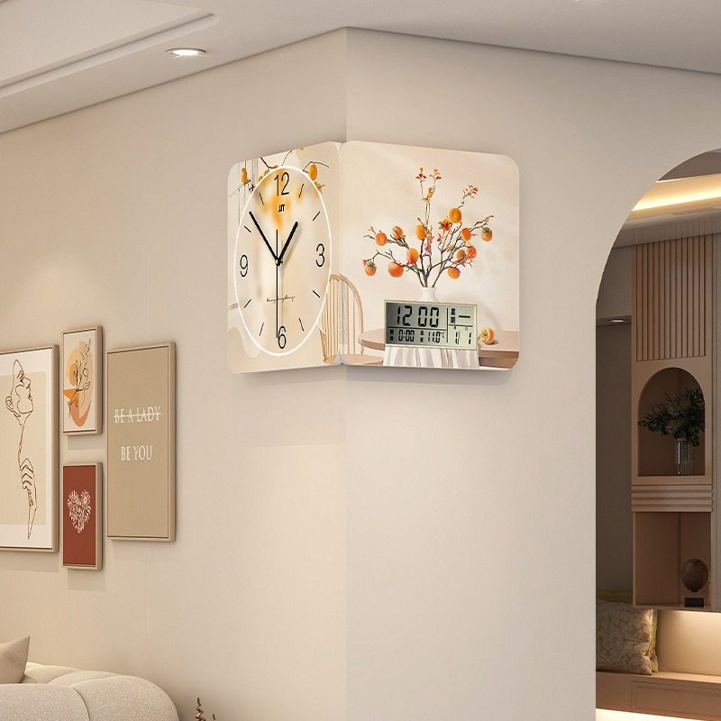 奶油风转角双面挂钟高级感家用客厅时钟装饰画创意免打孔钟表挂墙