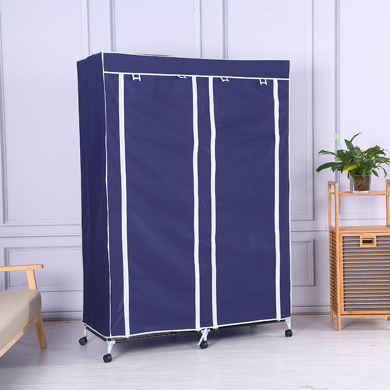 简约无纺布铁丝网隔层衣柜家用卧室便携可移动收纳挂衣橱赠送轮子