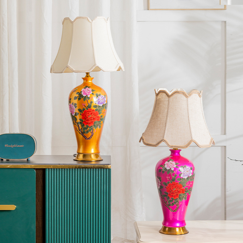 牡丹花贵气陶瓷台灯客厅卧室床头柜酒店中式高端灯饰氛围灯花瓶灯