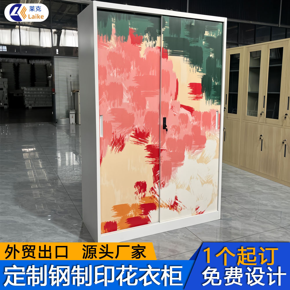 铁皮印花柜衣柜带锁钢制家用卧室推拉门儿童印花衣柜收纳储物柜子