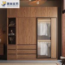 北欧推拉门衣柜合玻璃柜子滑门原木色中古风家用卧室小户型组衣橱