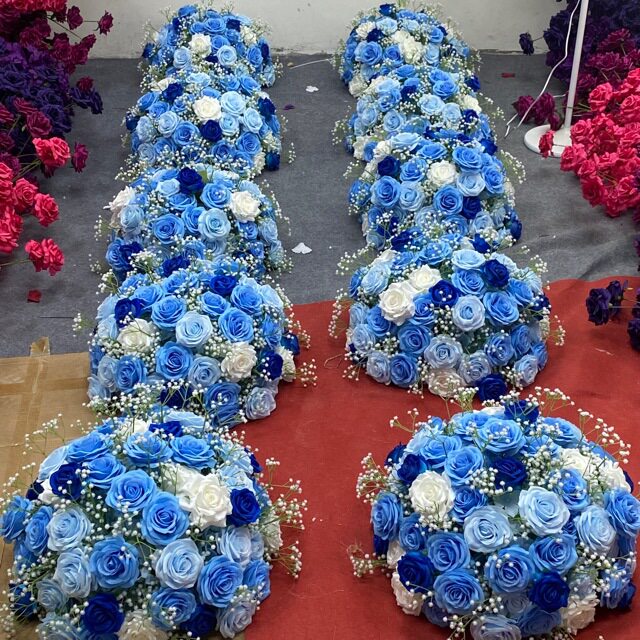 外贸新款跨境桌花球宝石蓝天蓝色白色玫瑰仿真花球