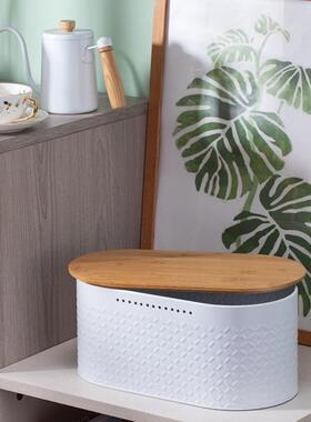 家用椭圆竹盖面包盒透气保鲜烘焙品储存箱白色花纹金属收纳罐