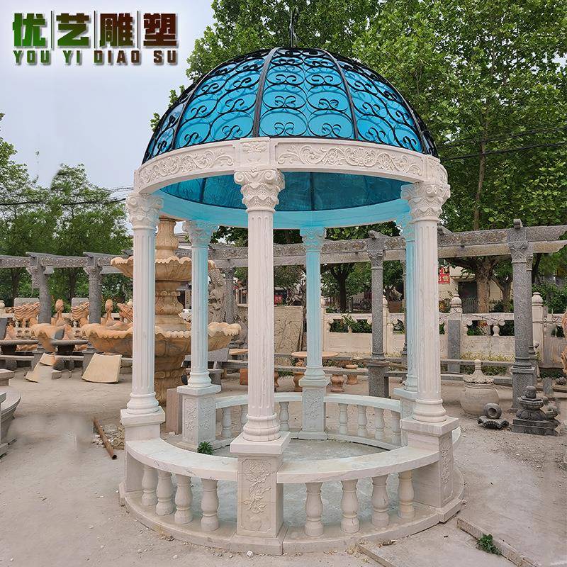 石雕欧式景观凉亭工厂现货白色自然石材柱子透光顶大理石亭子