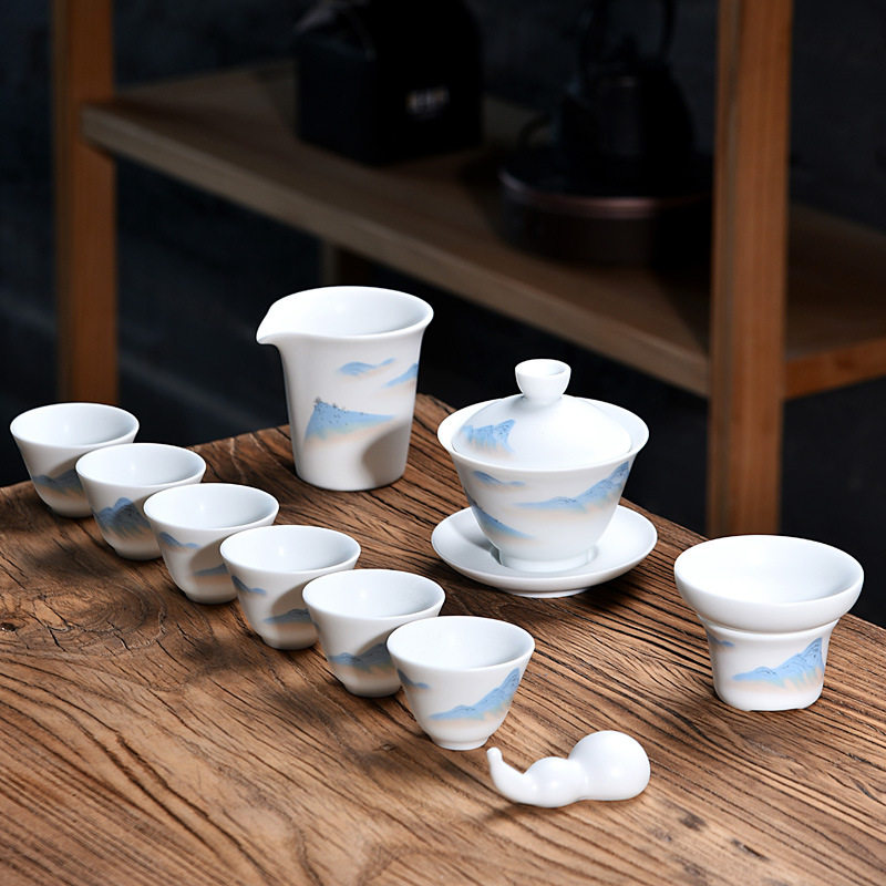 定彩瓷德化羊脂玉白瓷手绘套组办公家用功夫泡茶品茗杯茶具套装