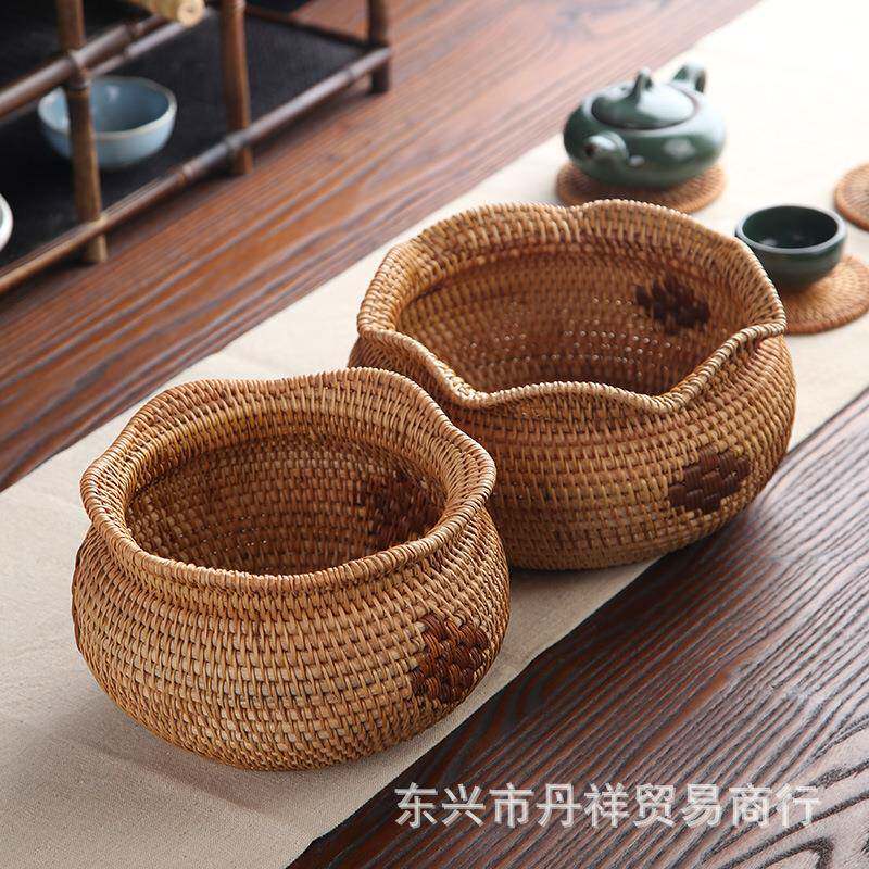 手工编织越南藤编花边罐果盘点心盘水果盘收纳篮复古客厅干果盆