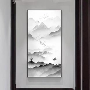 新中式玄关走廊过道装饰画水墨画风景画办公室茶室挂画竖版山水画