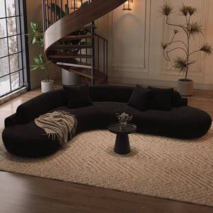 法式复古转角黑色布艺沙发轻奢大户型别墅办公室弧形接待沙发组合