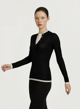 STELLAM女装HERA 黑色真絲羊毛针织圆领秋季打底衫