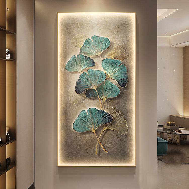 现代简约玄关装饰画银杏叶走廊过道挂画入户门正对墙壁led灯光画