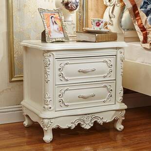 直销欧式全实木床头柜白色描银床头柜卧室家具储物柜子