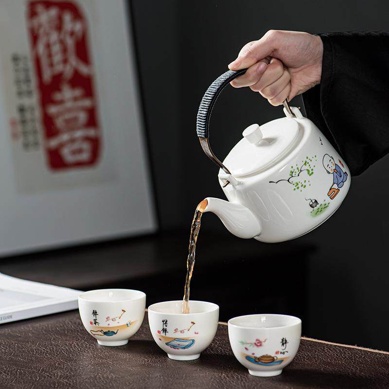 HU怀旧复古提梁壶茶具套装一壶六杯老式经典个性化陶瓷茶壶茶杯