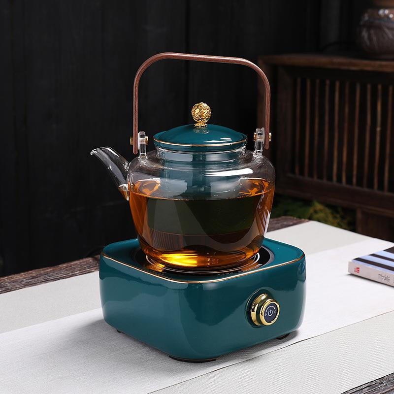 电陶炉煮茶器加热提梁壶陶瓷内胆过滤大容量玻璃茶壶孔雀绿煮茶炉