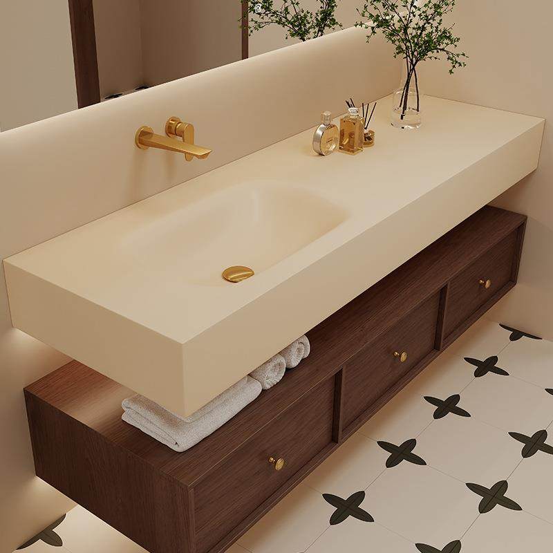 岩板热弯无缝一体盆浴室柜组合中古风卫生间洗手洗脸池洗漱台锭制