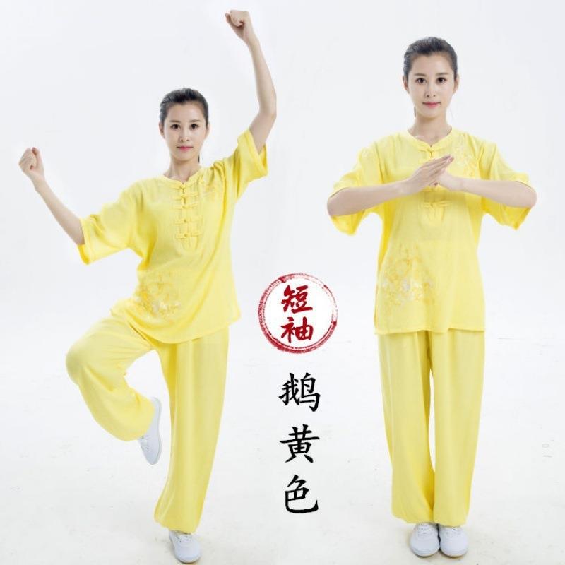 拳套夏季薄太极服WFN装绣花太极服款女短袖棉麻国风武术练功服新