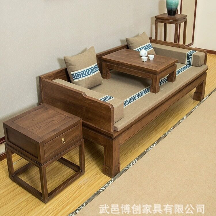 老榆木罗汉床罗汉榻双人沙发美人塌三人位新中式实木家具禅意