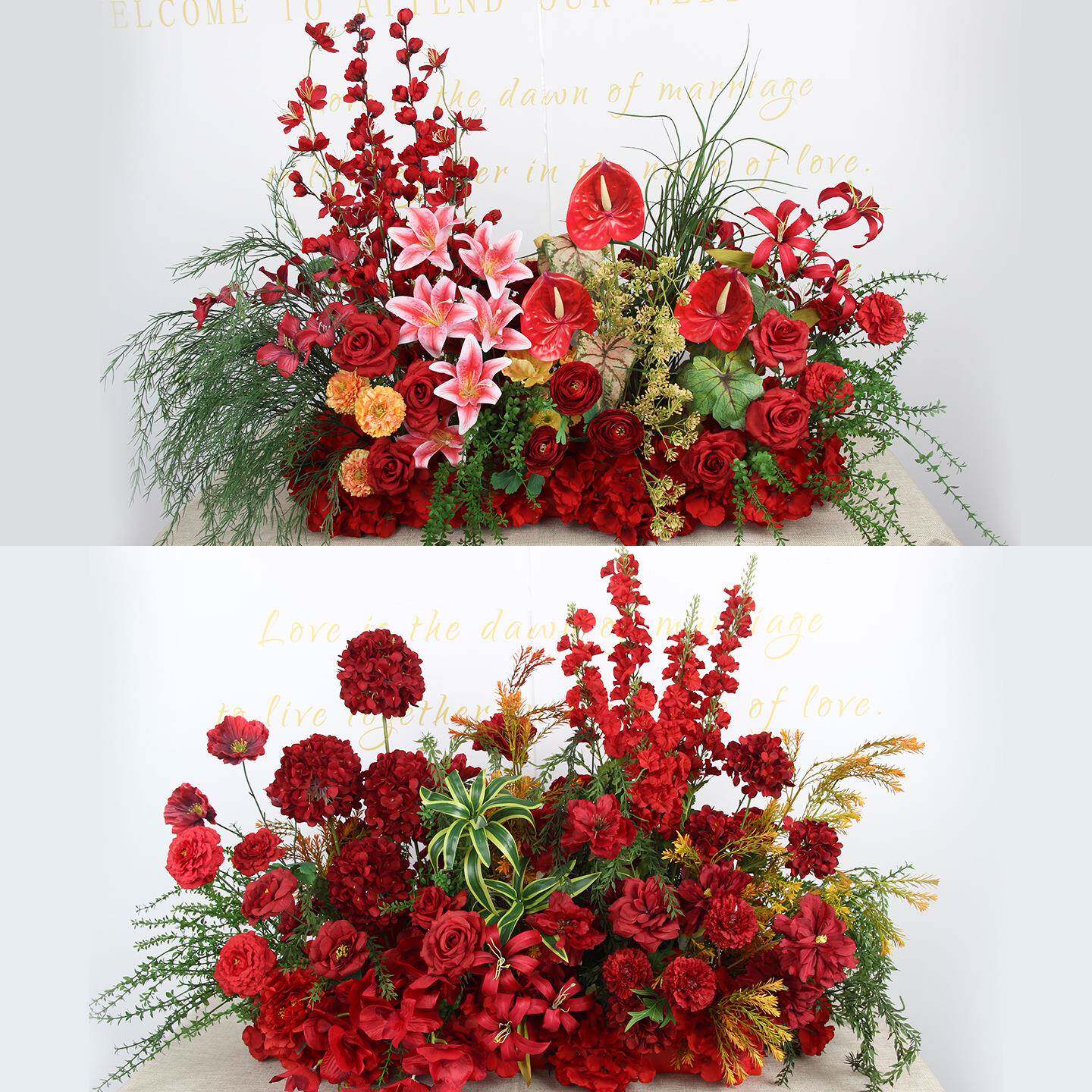 庆地排红色花排红色花排中式婚礼堂背景花装饰仿真花婚T路引花成