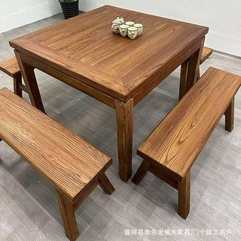 中复古老式榆木UMK家用茶桌八桌实木方饭桌农形家乐民仙宿塑腰马