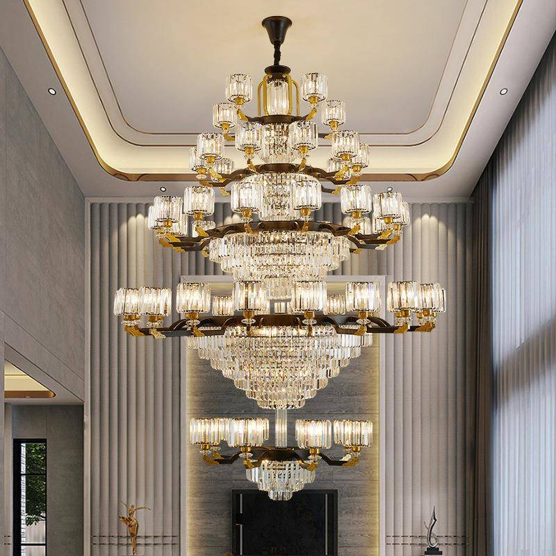 新中式别墅复式楼挑客厅925水晶大吊房灯乡村自建工程灯山饰中灯