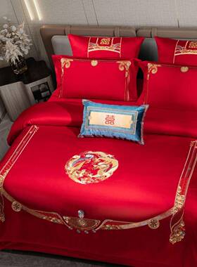中式高档大红色婚龙凤H1166全婚庆件套纯棉棉被套结陪嫁送礼床上