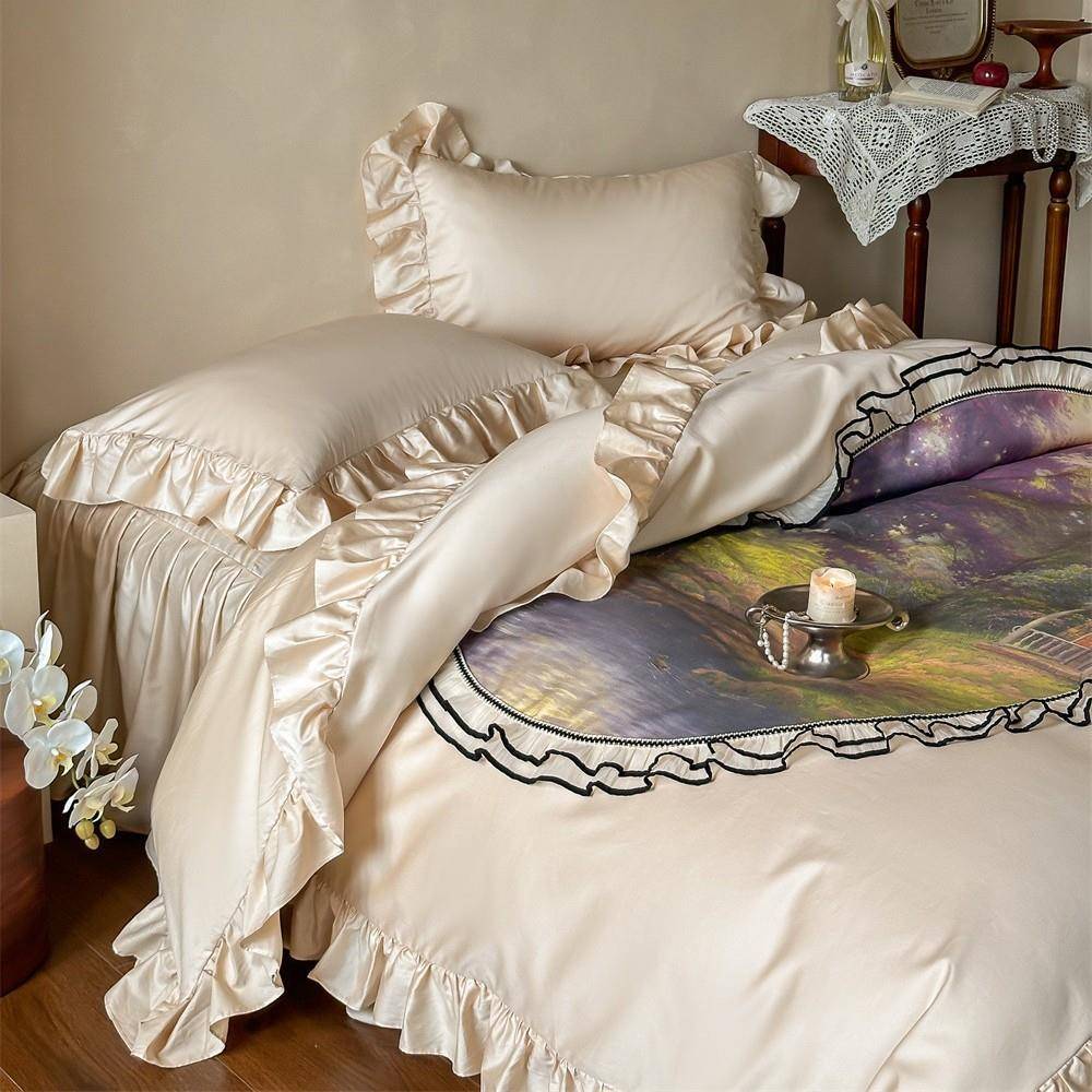 棉法式复古长绒四件套纯棉花油画公风边被套床XM主单床裙床品