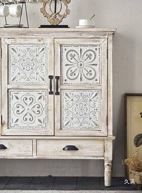 法式古做旧餐柜子白色雕花复客厅柜田园风储物柜76101实木边入户