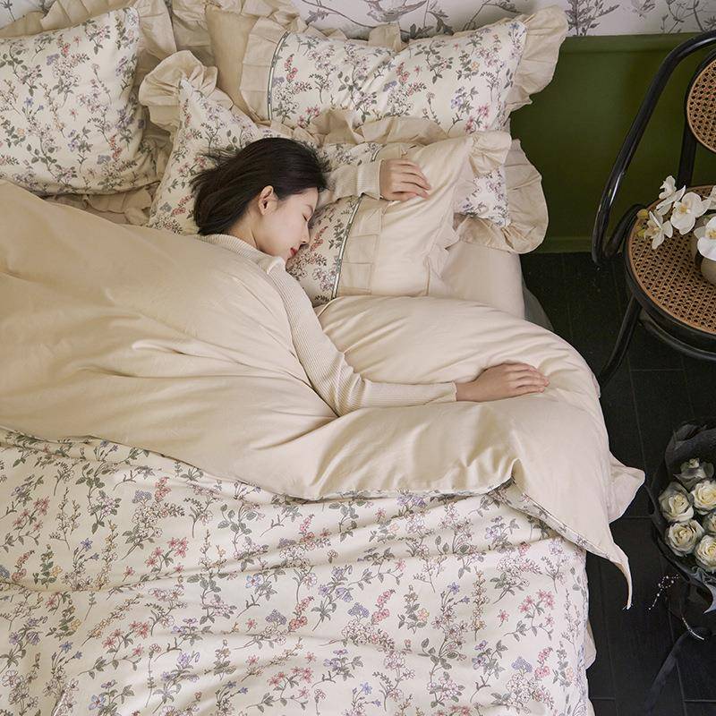 漫全棉1韩版件套浪花型蓝邻花边织带款四件套四纯棉被套.5床单床