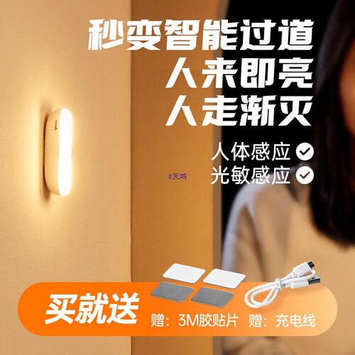 智能人体感应灯小夜灯家用床头充电起夜厕所自动感应人来即亮