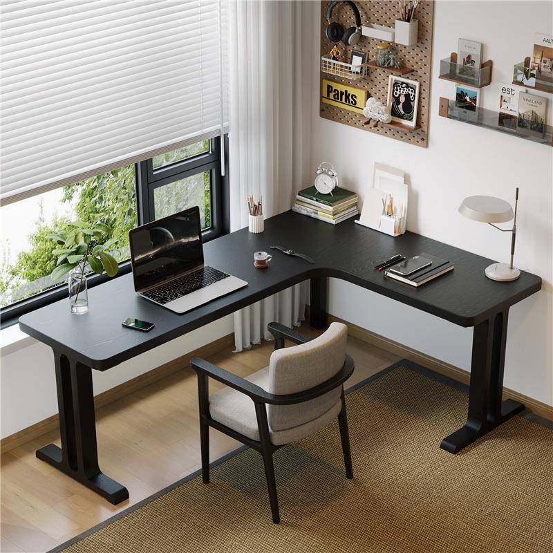 实木转角书桌黑色家用电脑桌拐角办公桌工作台双人写字儿童学习桌