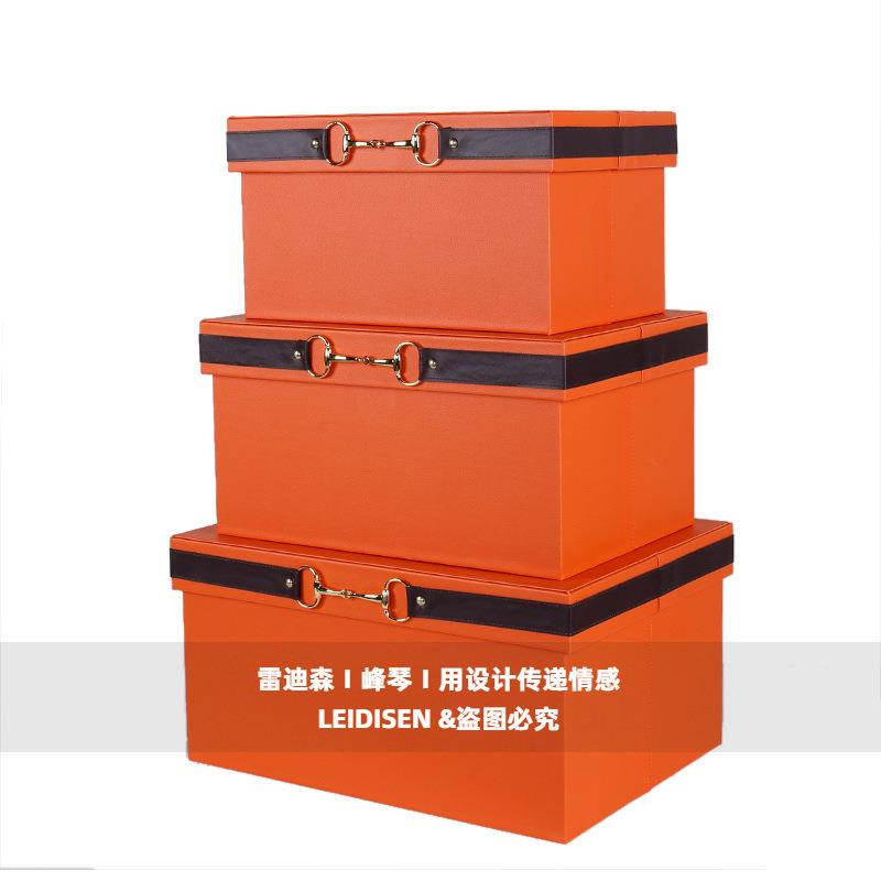 皮质收纳箱杂物整理盒衣帽间储物盒家用样板间装饰摆件皮质整理盒