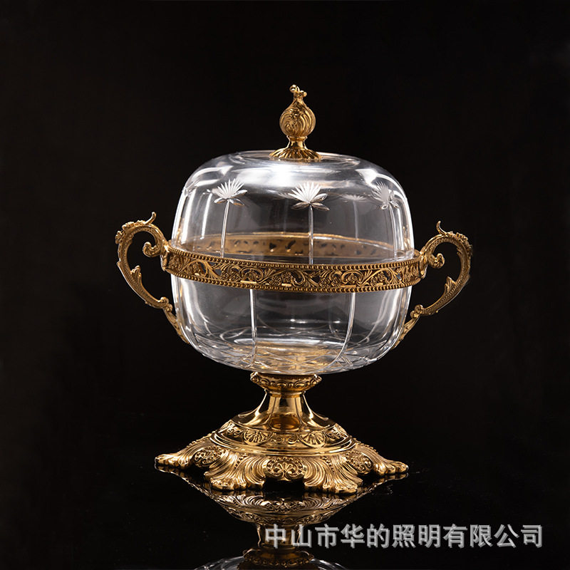 美式高档奢华样板房别墅水晶镶铜水果盘 欧式古典软装客厅摆件
