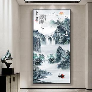 玄关富川山居山水画新中式竖版挂画走廊过道装饰画晶瓷办公室壁画