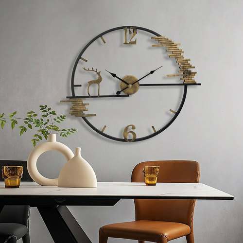 中国风钟表挂钟客厅创意时尚简约静音时钟挂墙石英钟小鹿家用挂表