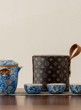 logo档繁花快客杯汝窑旅行茶具套装家用一壶三杯户外露营便捷包