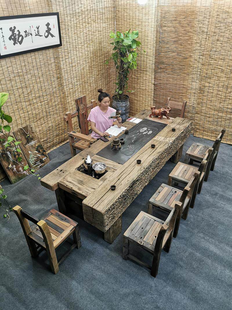 老船木茶桌椅组合户外中式实木功夫泡茶台庭院办公阳台原木喝茶几