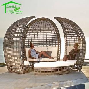 户外躺床室外别墅露台阳台大床圆床仿藤沙发庭院花园藤编泳池躺椅