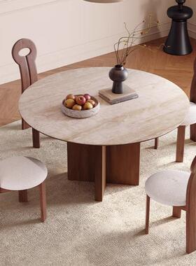 法式复古风实木岩板圆家用现代桌简约轻中古风餐厅99002奢圆形桌