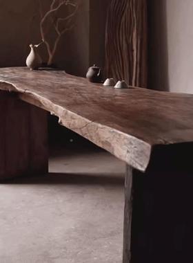 中古风原木复古做旧茶HNG然面自装展示长桌民宿古典实木饰餐桌桌