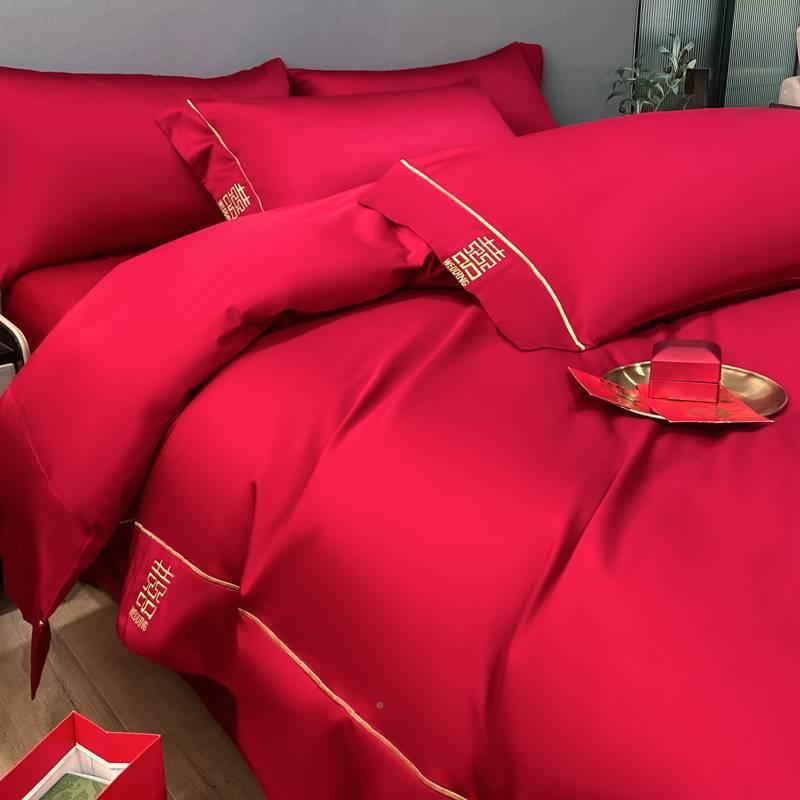 高档简约1JYU00全棉新单婚庆四件被大套红色刺绣结婚套备婚用品纯