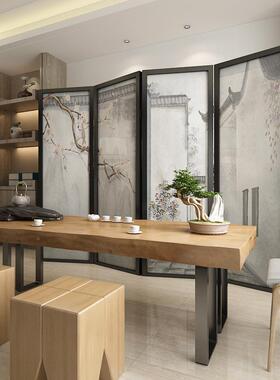 新中式复古风隔断客厅动40274户古典折叠遮挡茶移室屏装饰入马头